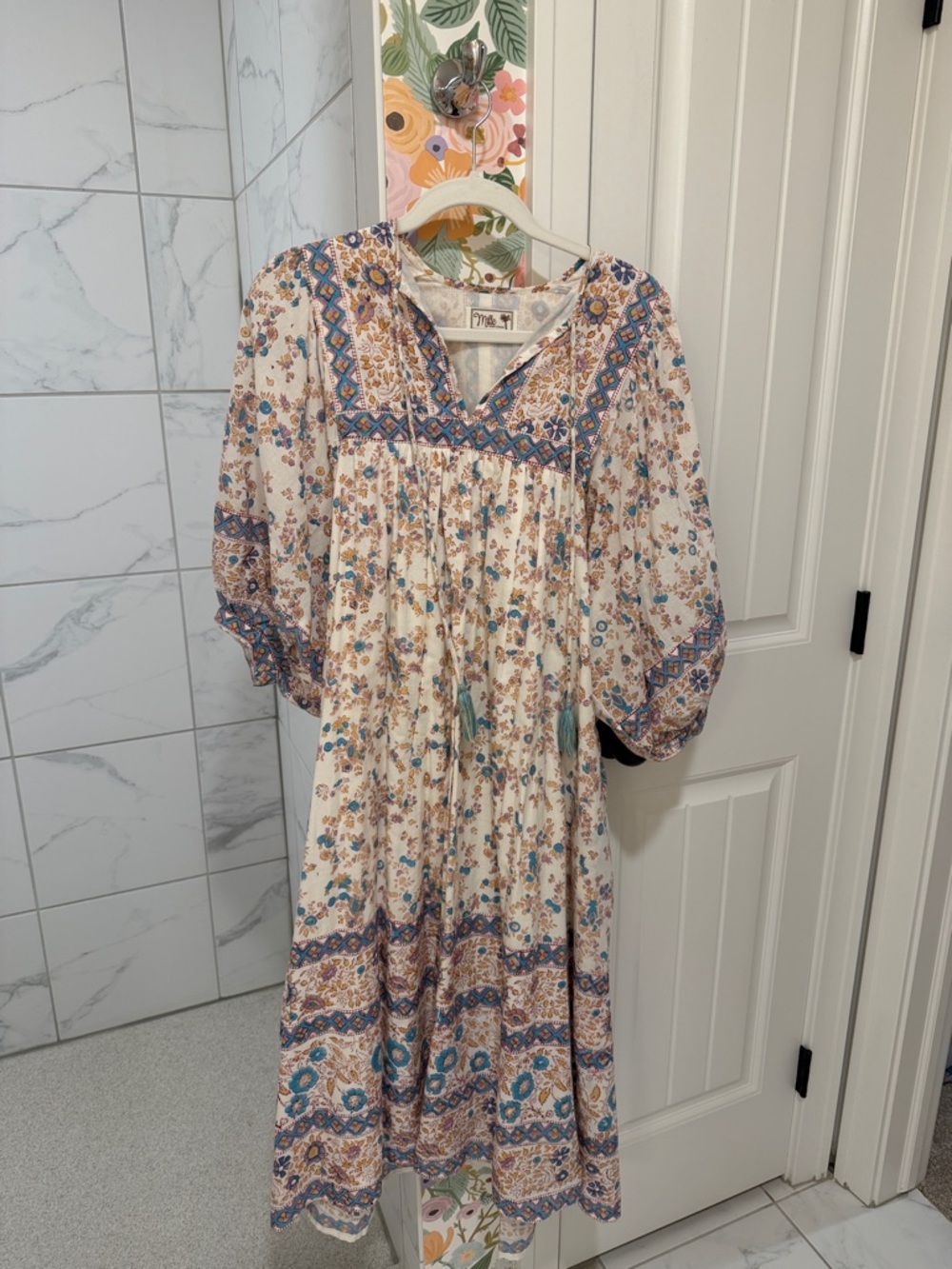 Boho Floral Maxi Dress in Cream and Blue - Millie
